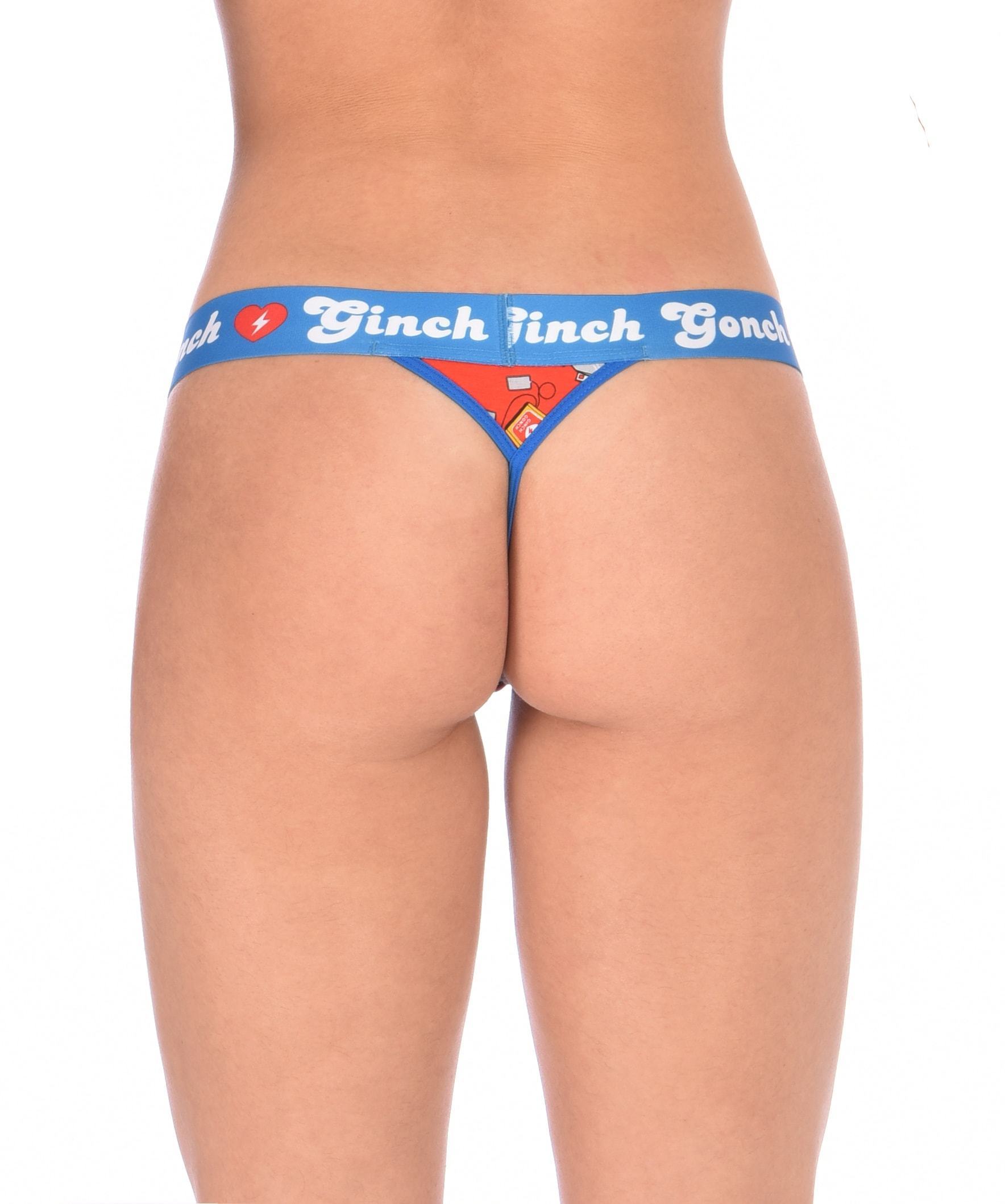 Ginch Gonch GG EMT thong women's ambulance print with medical symbol and equipment on red background with blue trim and printed waistband back