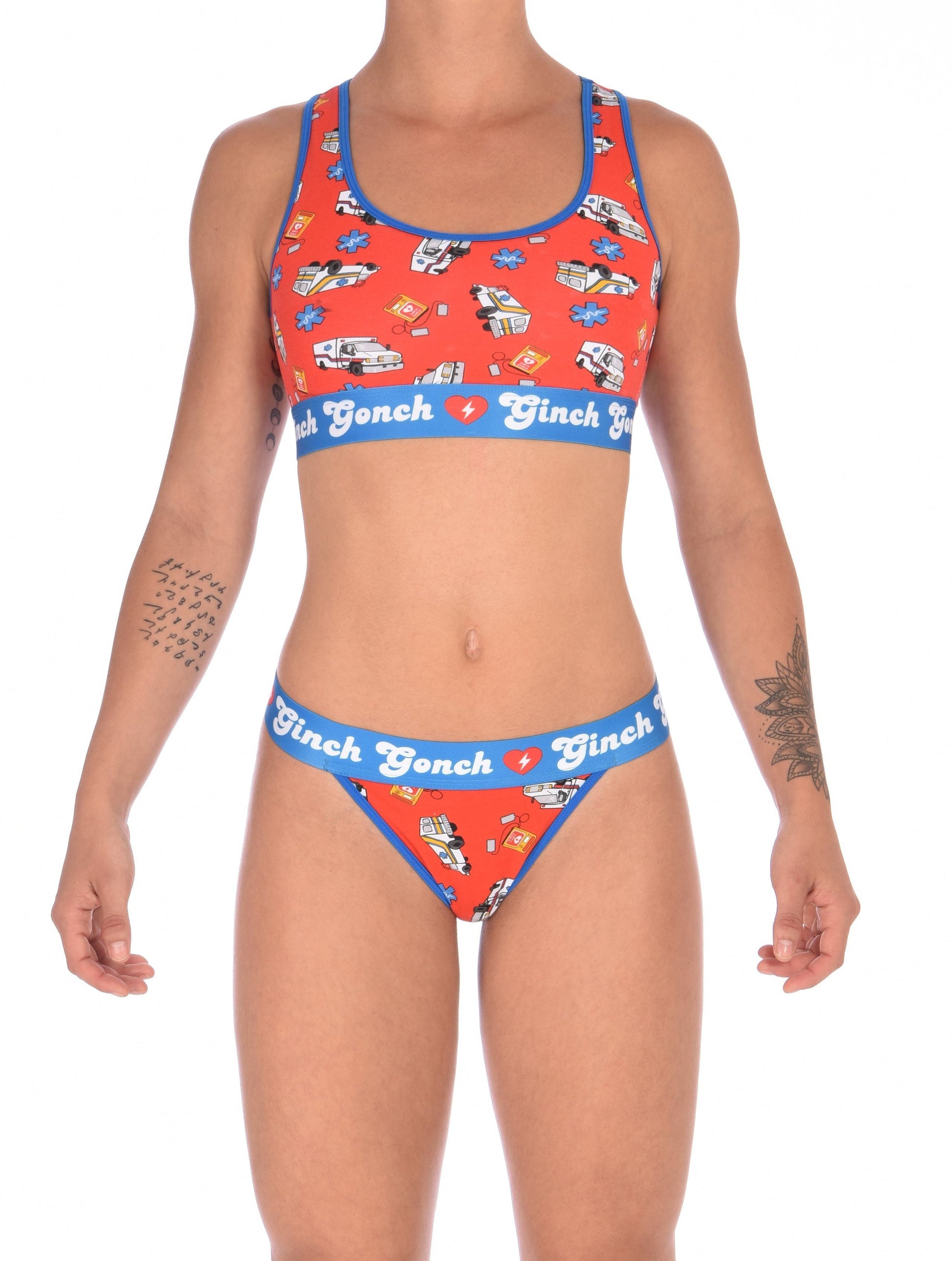 Ginch Gonch GG EMT thong women's ambulance print with medical symbol and equipment on red background with blue trim and printed waistband front shown with matching sports bra