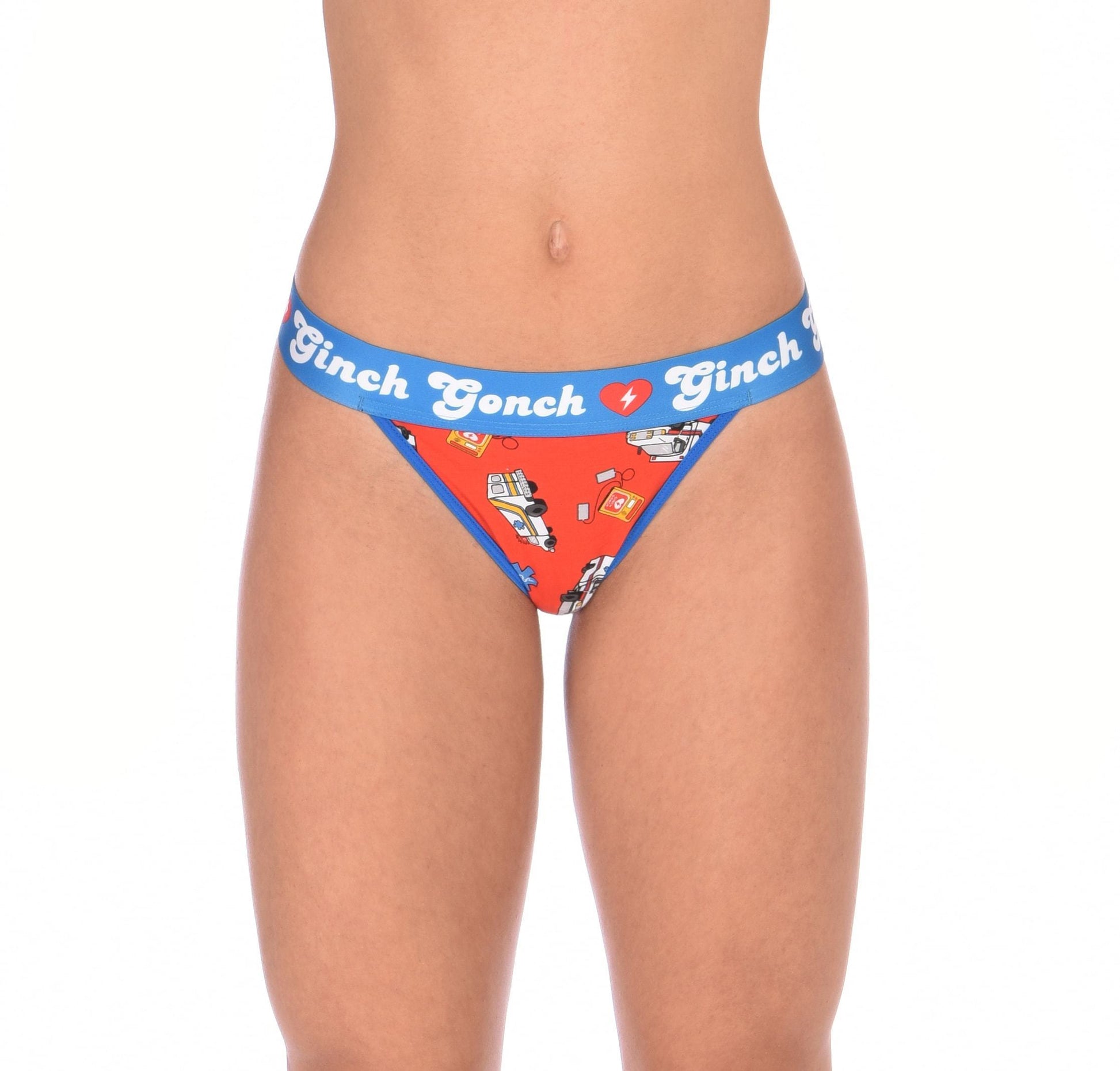 Ginch Gonch GG EMT thong women's ambulance print with medical symbol and equipment on red background with blue trim and printed waistband front