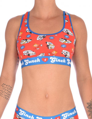 Ginch Gonch GG EMT sports bra women's ambulance print with medical symbol and equipment on red background with blue trim and printed band front