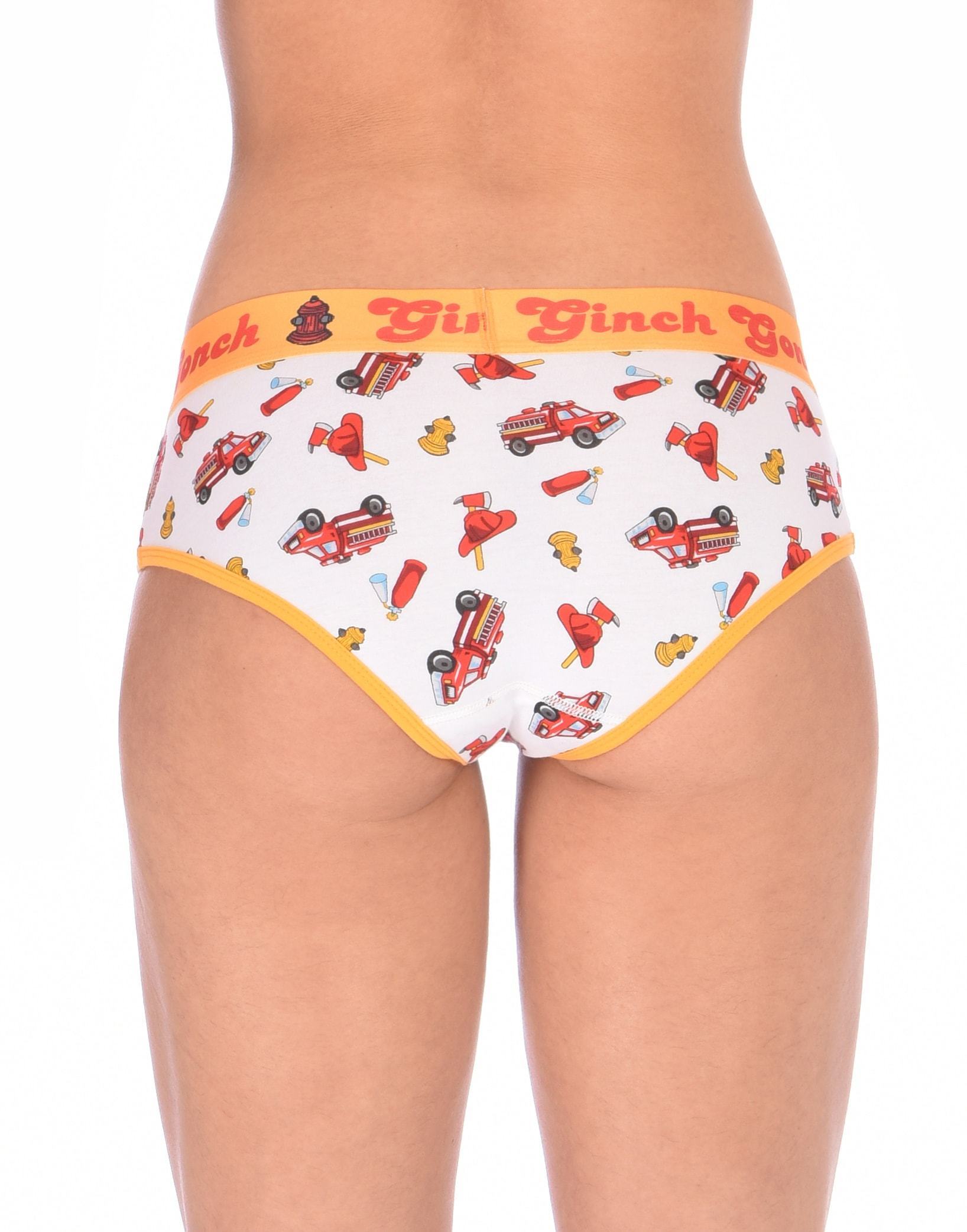 Ginch Gonch GG Fire Fighters boy cut Brief womens y front underwear white fabric with fire engines hats and hydrants, yellow trim and yellow printed waistband back