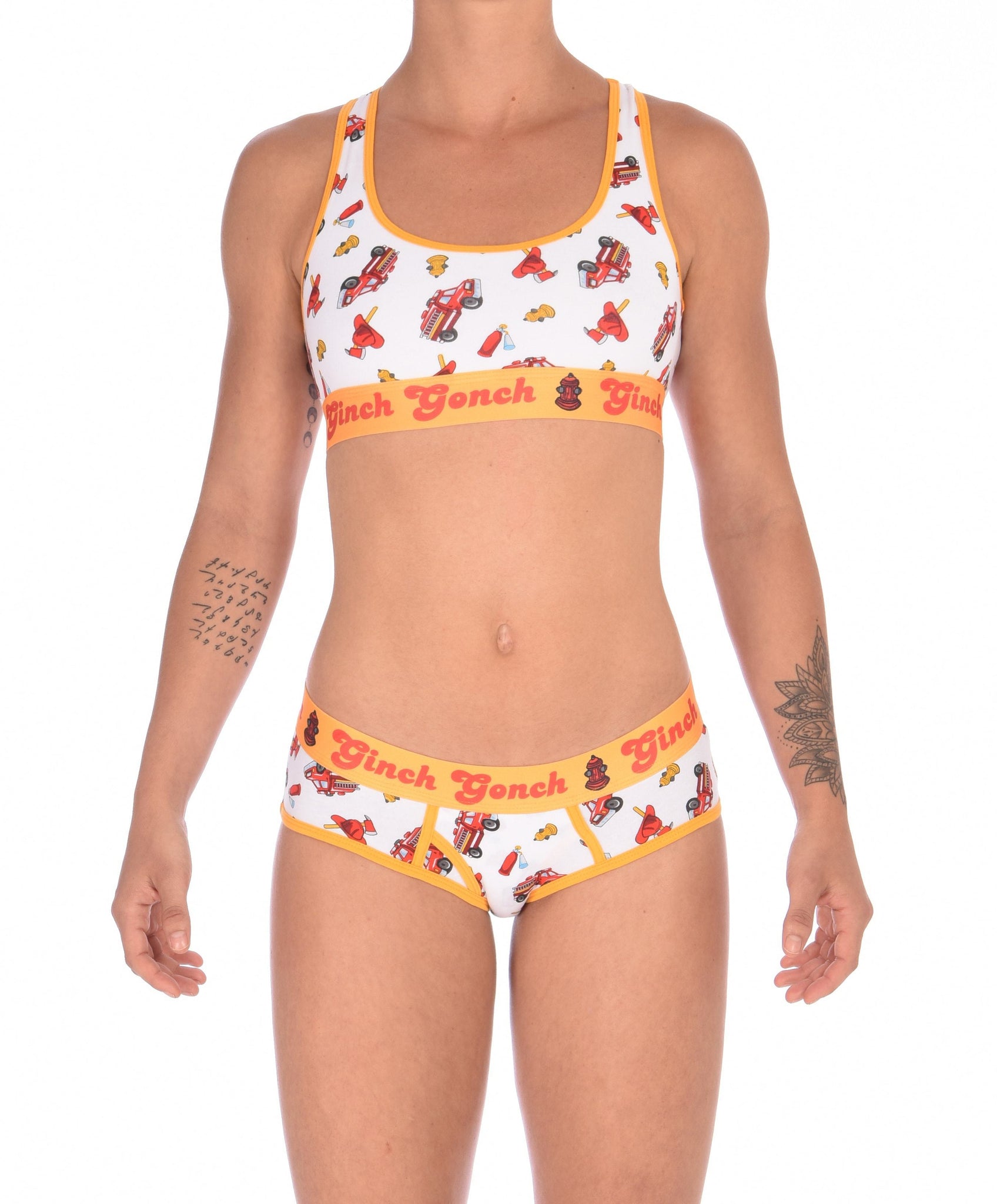 Ginch Gonch GG Fire Fighters boy cut Brief womens y front underwear white fabric with fire engines hats and hydrants, yellow trim and yellow printed waistband front shown with matching sports bra
