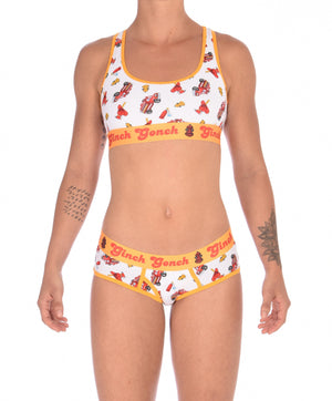 Ginch Gonch GG Fire Fighters boy cut Brief womens y front underwear white fabric with fire engines hats and hydrants, yellow trim and yellow printed waistband front shown with matching sports bra