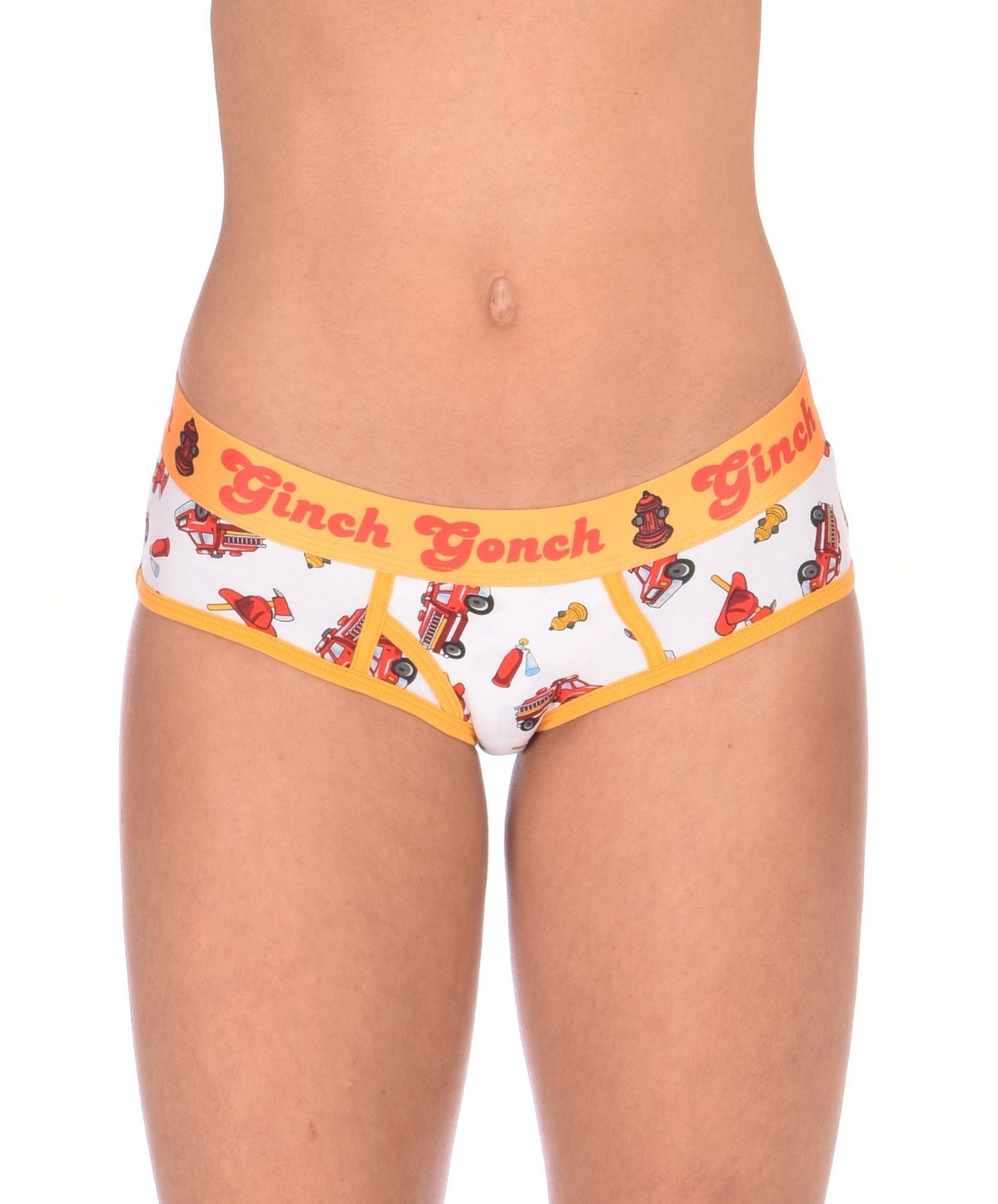 Ginch Gonch GG Fire Fighters boy cut Brief womens y front underwear white fabric with fire engines hats and hydrants, yellow trim and yellow printed waistband front