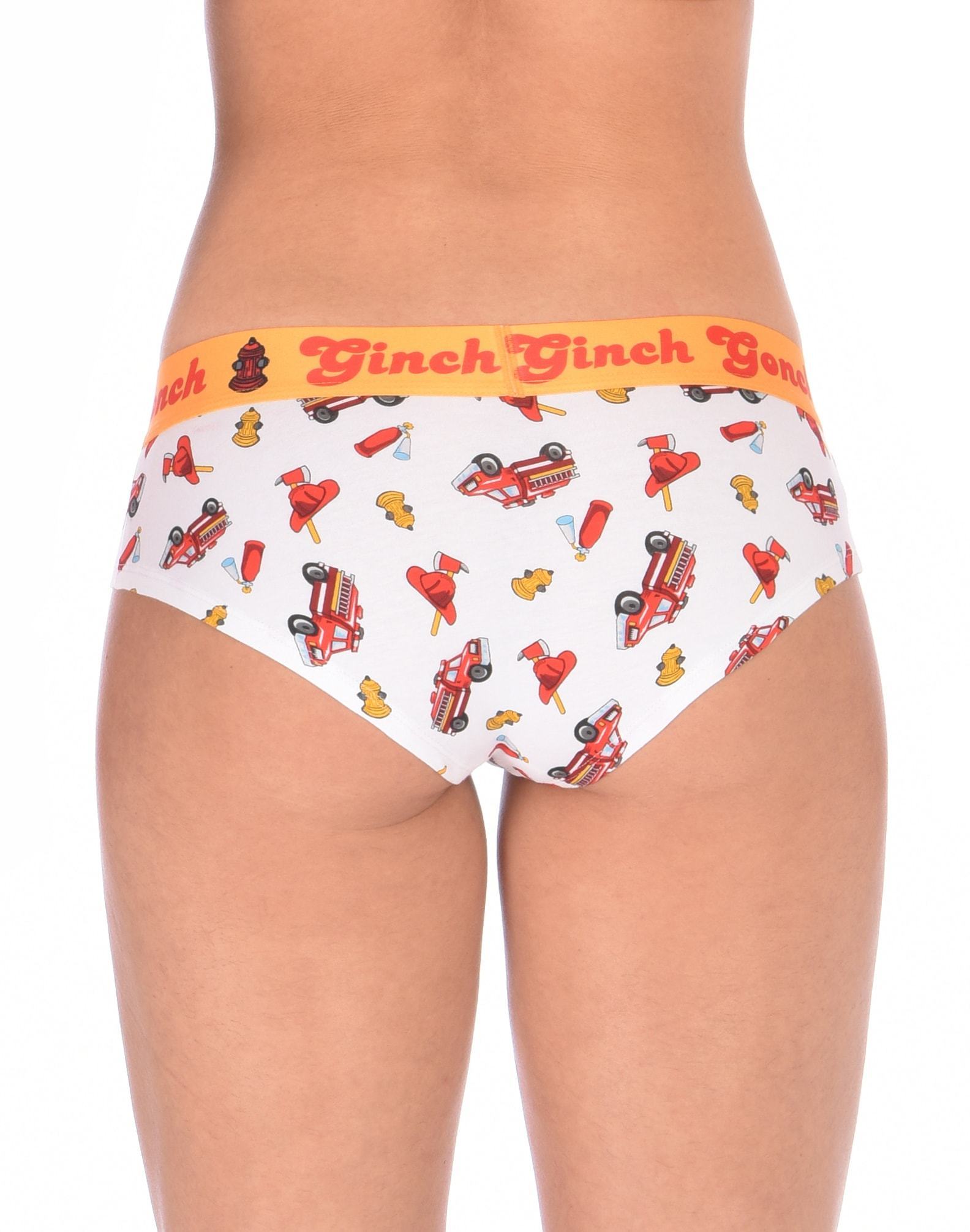 Ginch Gonch GG Fire Fighters boy cut Brief womens underwear white fabric with fire engines hats and hydrants, yellow trim and yellow printed waistband back
