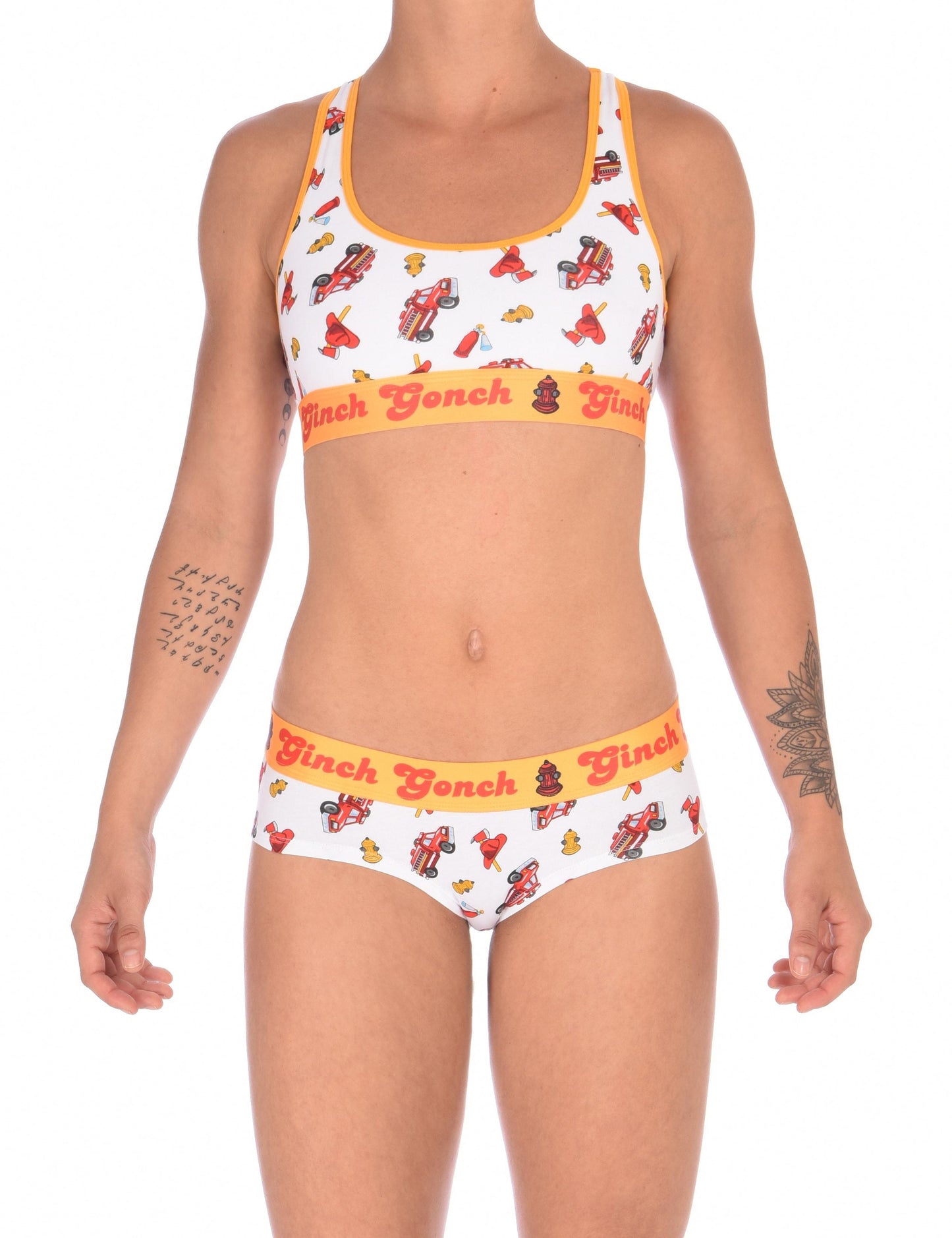 Ginch Gonch GG Fire Fighters boy cut Brief womens underwear white fabric with fire engines hats and hydrants, yellow trim and yellow printed waistband front shown with matching sports bra