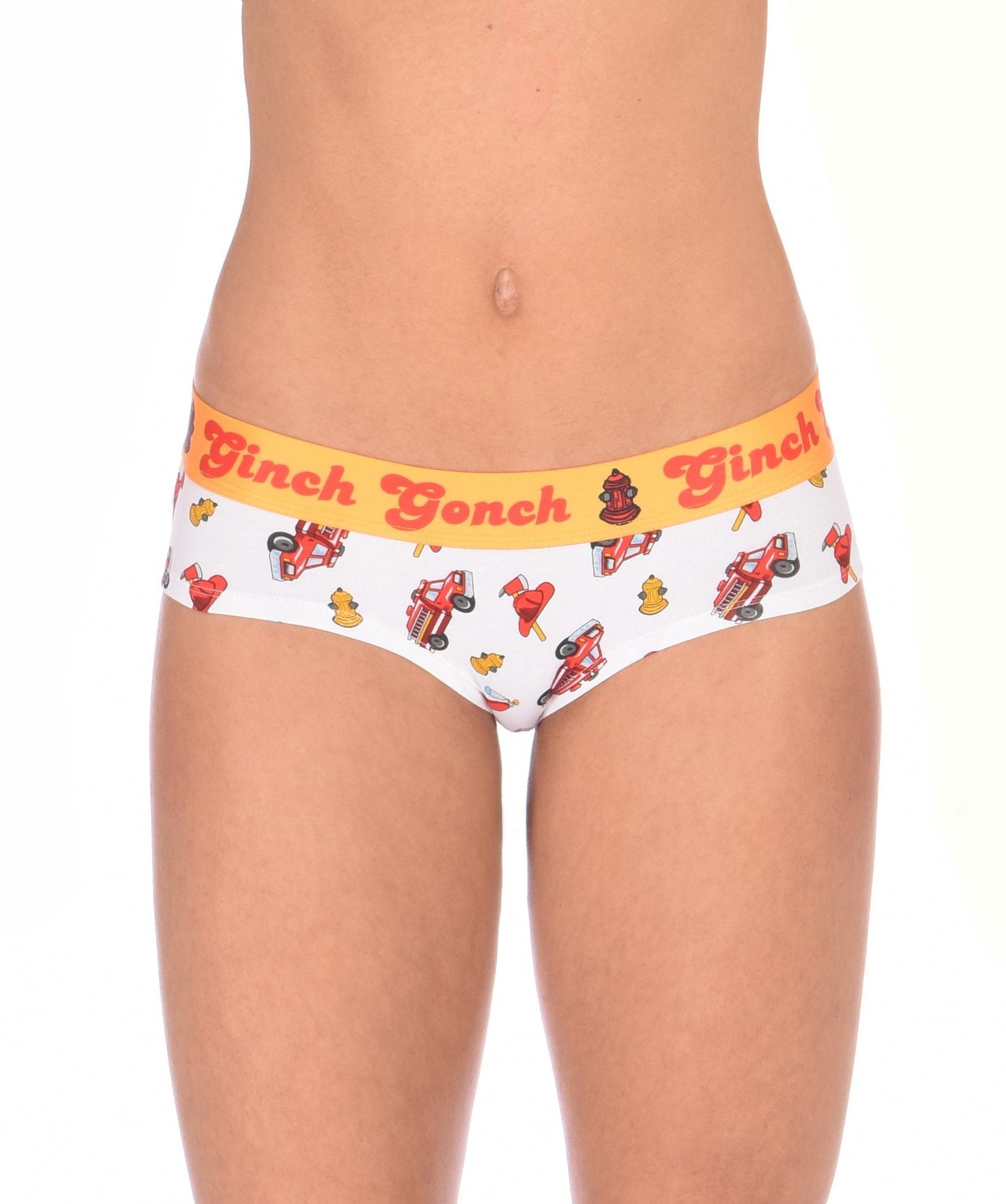 Ginch Gonch GG Fire Fighters boy cut Brief womens underwear white fabric with fire engines hats and hydrants, yellow trim and yellow printed waistband front 
