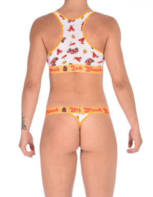 Ginch Gonch GG Fire Fighters thong women's underwear y front white fabric with fire engines hats and hydrants, yellow trim and printed yellow waistband back shown with matching sports bra