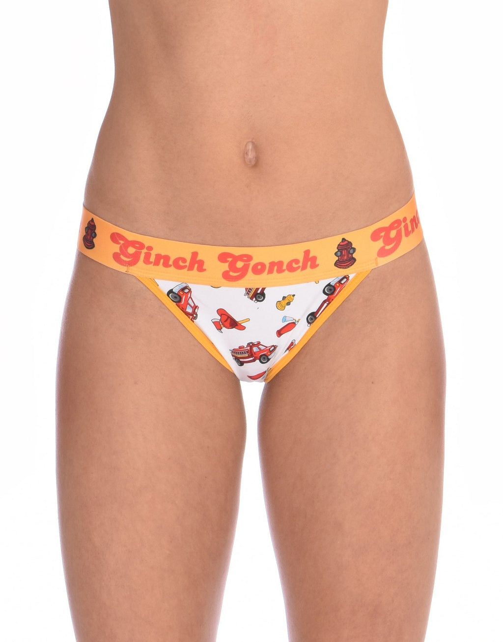 Ginch Gonch GG Fire Fighters thong women's underwear y front white fabric with fire engines hats and hydrants, yellow trim and printed yellow waistband front