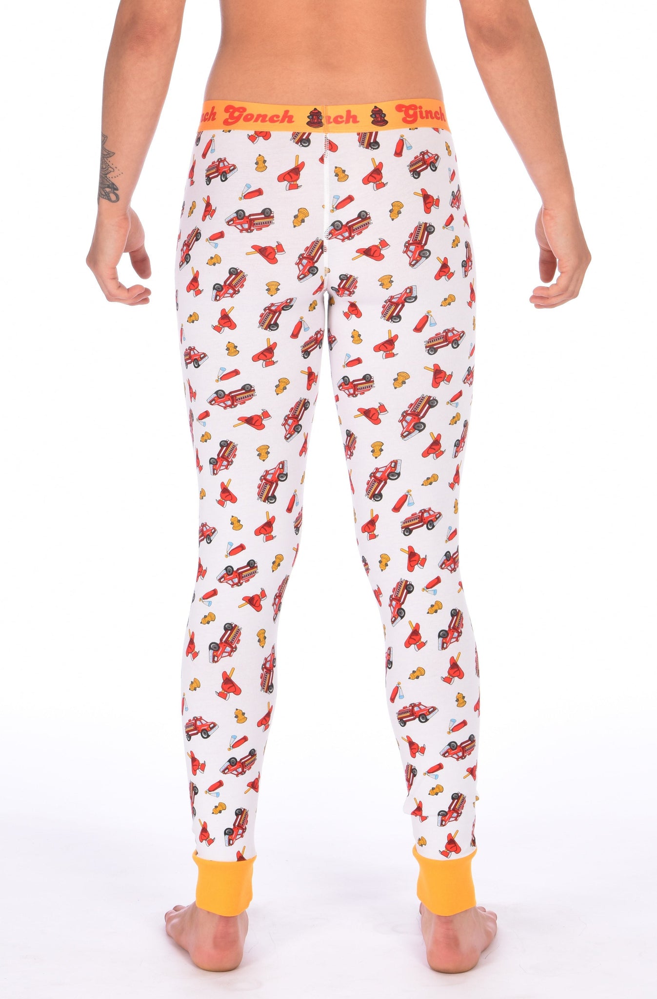Ginch Gonch GG Fire Fighters long johns leggings women's underwear y front white fabric with fire engines hats and hydrants, yellow trim and yellow printed waistband back