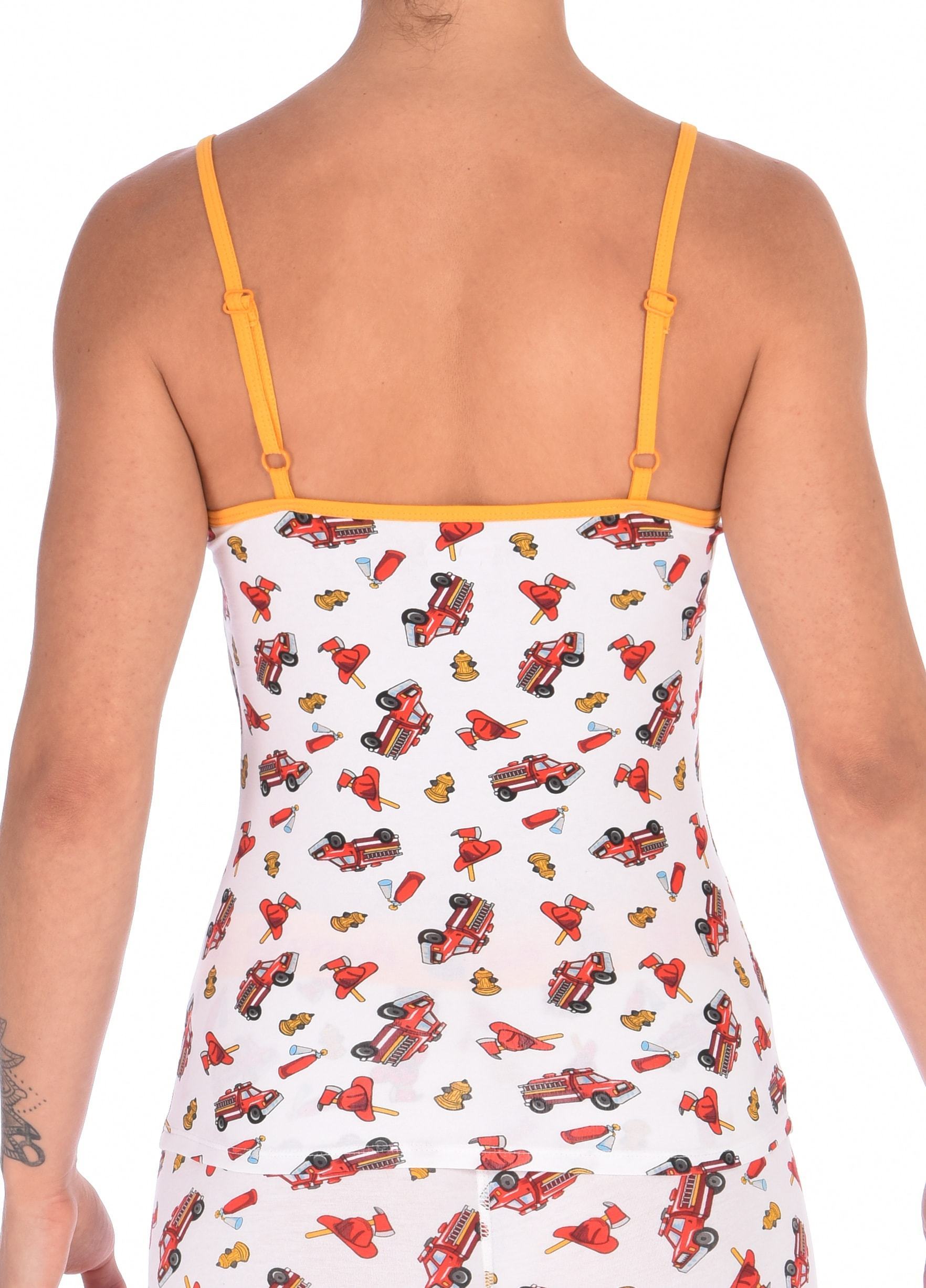 Ginch Gonch GG Fire Fighters camisole cami spaghetti strap women's underwear y front white fabric with fire engines hats and hydrants, yellow trim back