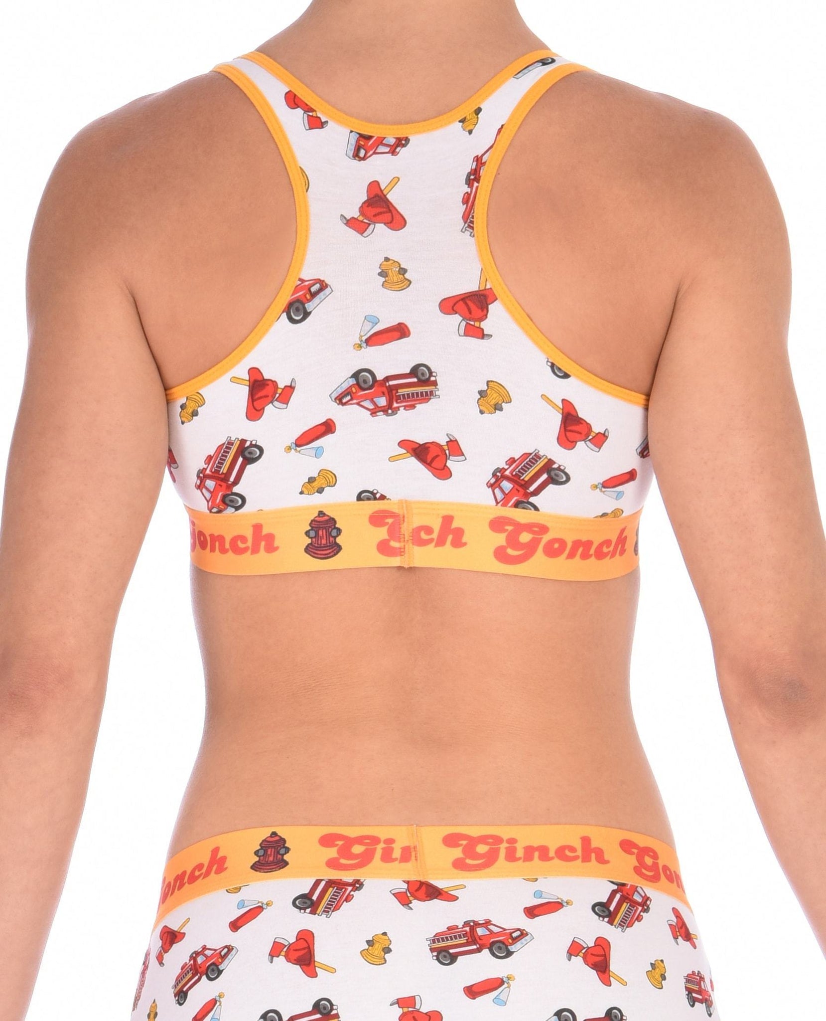 Ginch Gonch GG Fire Fighters sports bra women's underwear y front white fabric with fire engines hats and hydrants, yellow trim and yellow printed band back shown with matching brief