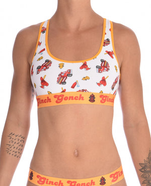Ginch Gonch GG Fire Fighters sports bra women's underwear y front white fabric with fire engines hats and hydrants, yellow trim and yellow printed band front
